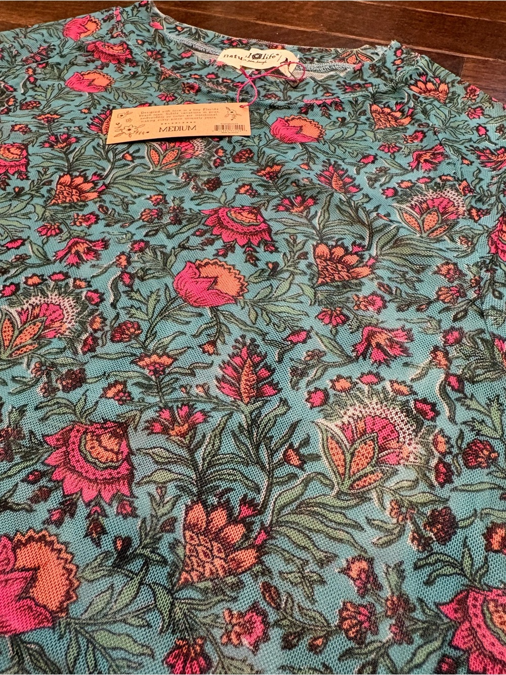 Natural Life Mesh Top Floral Print Teal Pink Short Sleeve NWT Medium Fits Small - Picture 4 of 9